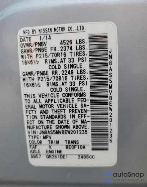 2014 Nissan Rogue Select S z USA, uszkodzony, nr VIN JN8AS5MV8EW201235